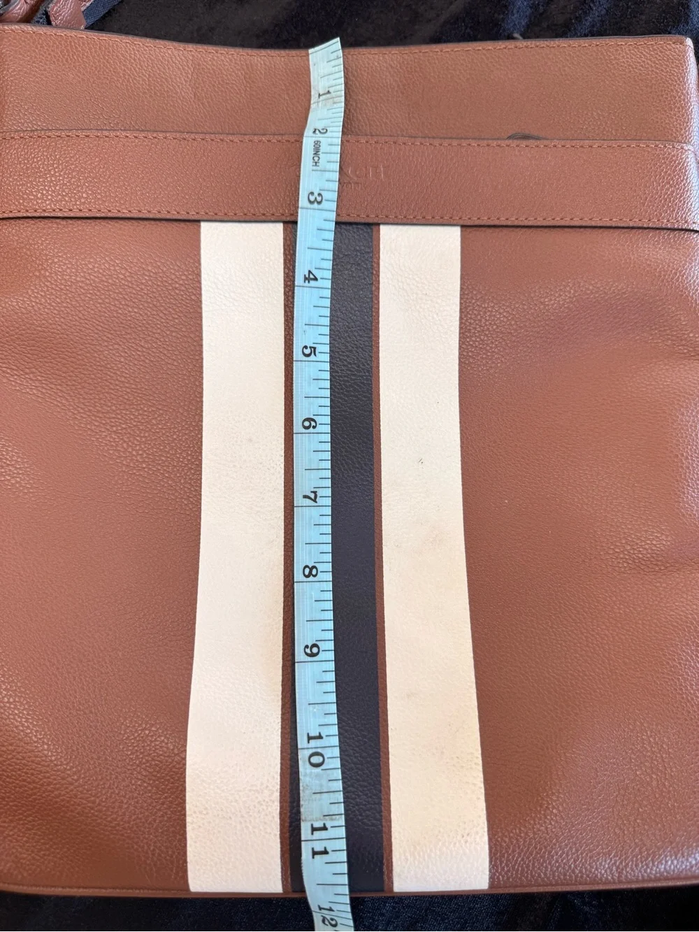 Coach Brown Leather Messenger Bag with White and Black Stripes